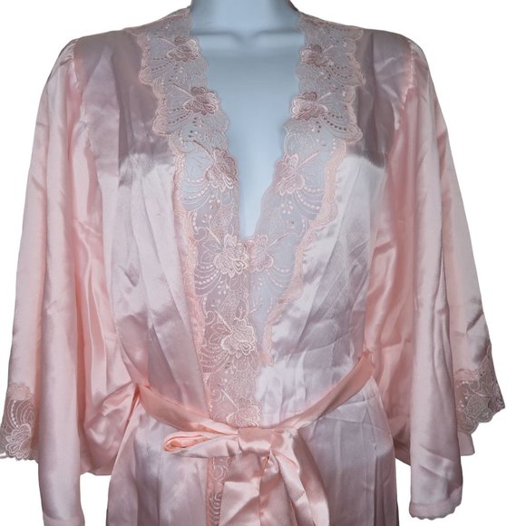 Vintage Full Length Satin Dressing Gown Robe L Pink Lace Belted Bell Sleeve NEW - Picture 2 of 10